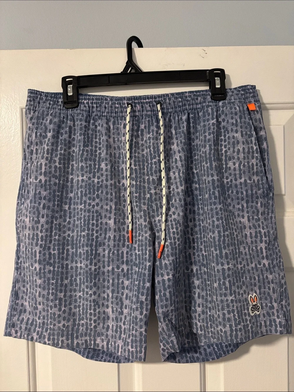 Psycho Bunny Blue Patterned Men’s Swim Trunks with Orange Accents Size Large